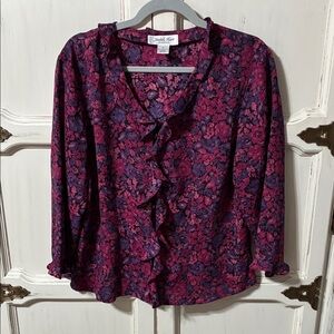 Elegant Floral Ruffle Blouse in Pink and Purple